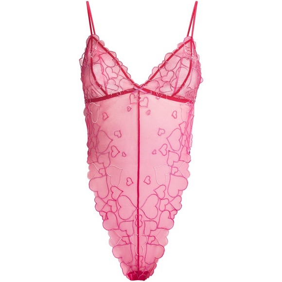 SKIMS Pink Embroidered Heart Tulle String Body Teddy Lingerie